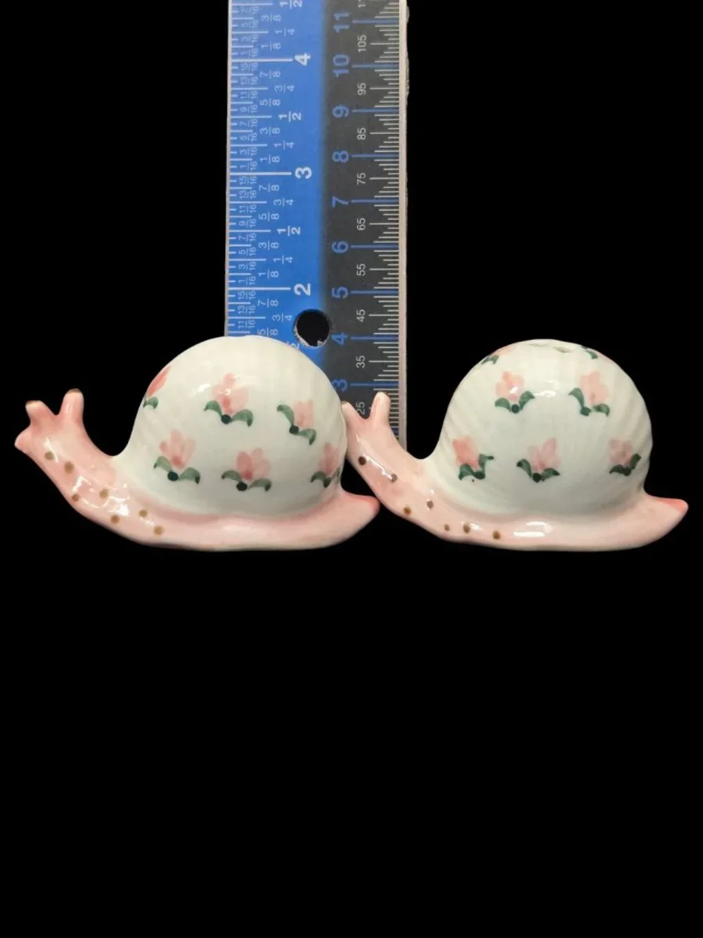 Vintage Snail Salt Pepper Shaker Set Pink Green Dots Floral Kitsch Whimsical
